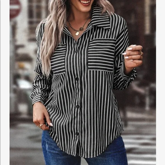 Classy Elegant Oversized Stripe Button Down Top Blouse Shirt - Picture 5 of 6